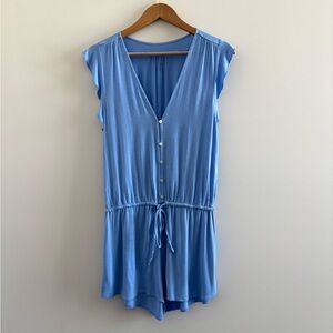 LOFT Beach Romper Shorts Blue Button Flutter Sleeve Knit Womens S Casual Boho